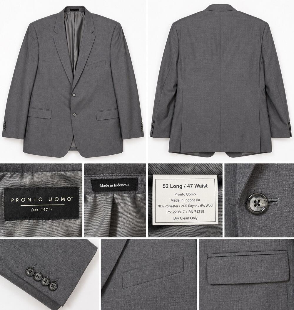 Pronto Uomo Men’s 52L Gray Suit Jacket Blazer Wool Blend Business Formal
